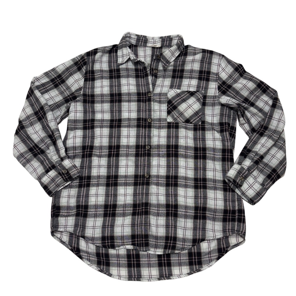 La Miel Womens Plaid Flannel Button Down Shirt Black White Pink SRT1337 Large